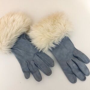 Escada light blue Gloves with Cream Faux Fur Trim
